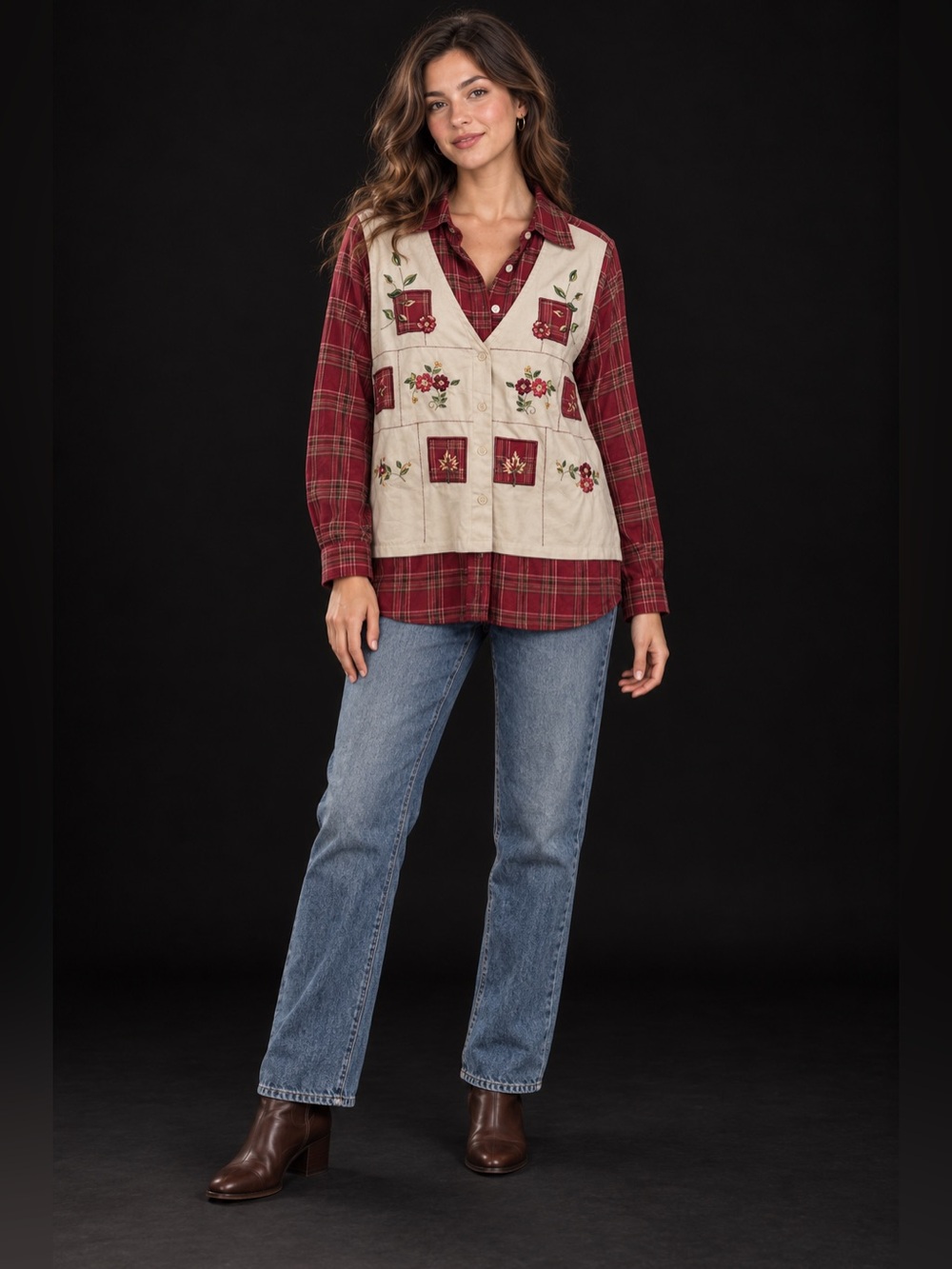 Bobbie Brooks Red Plaid Floral Embroidered Vest Look Top Medium 8/10 Cottagecore
